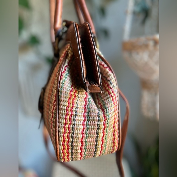 Vintage Woven Satchel Purse Boho Coastal Tote Faux Leather Removable Crossbody - Picture 8 of 13